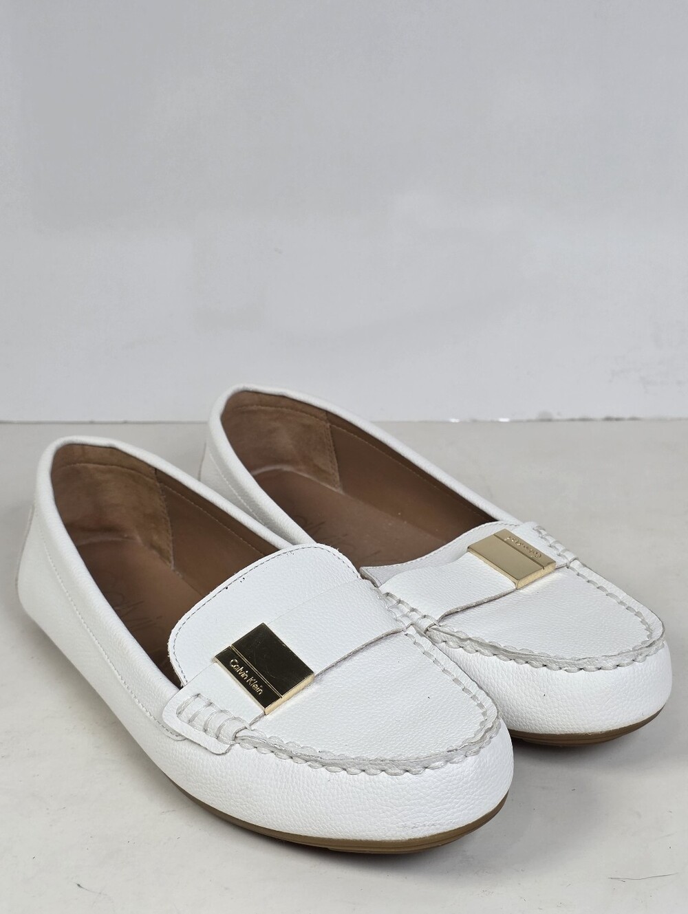 Calvin Klein White Lisa Loafers with Gold Plaque